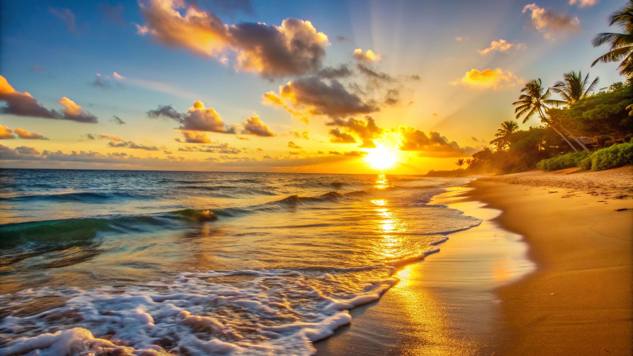 Pôr do sol numa praia do Nordeste com coqueiros